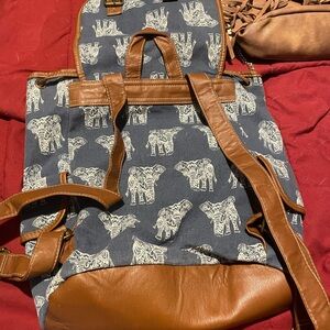 Elephant Print Canvas Backpack with Brown Accents